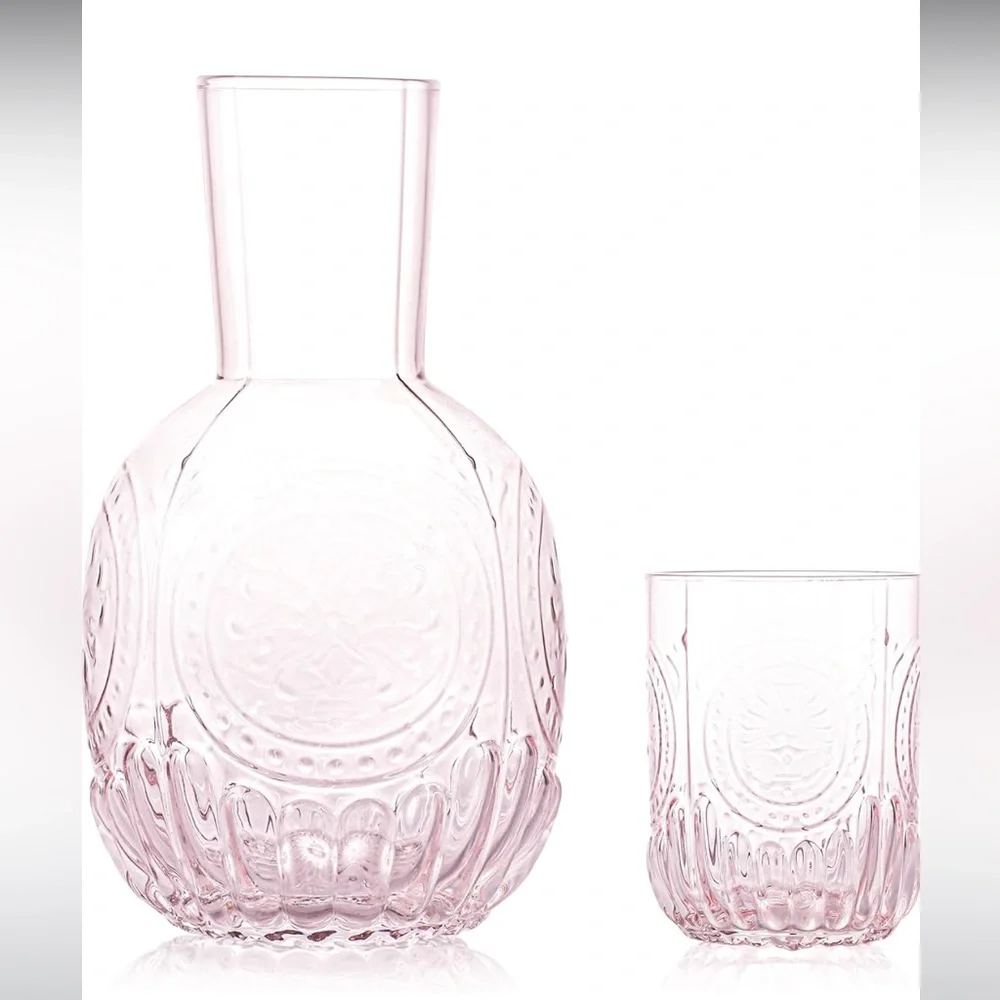 Embossed Bedside Water Carafe Glass Set  Pink